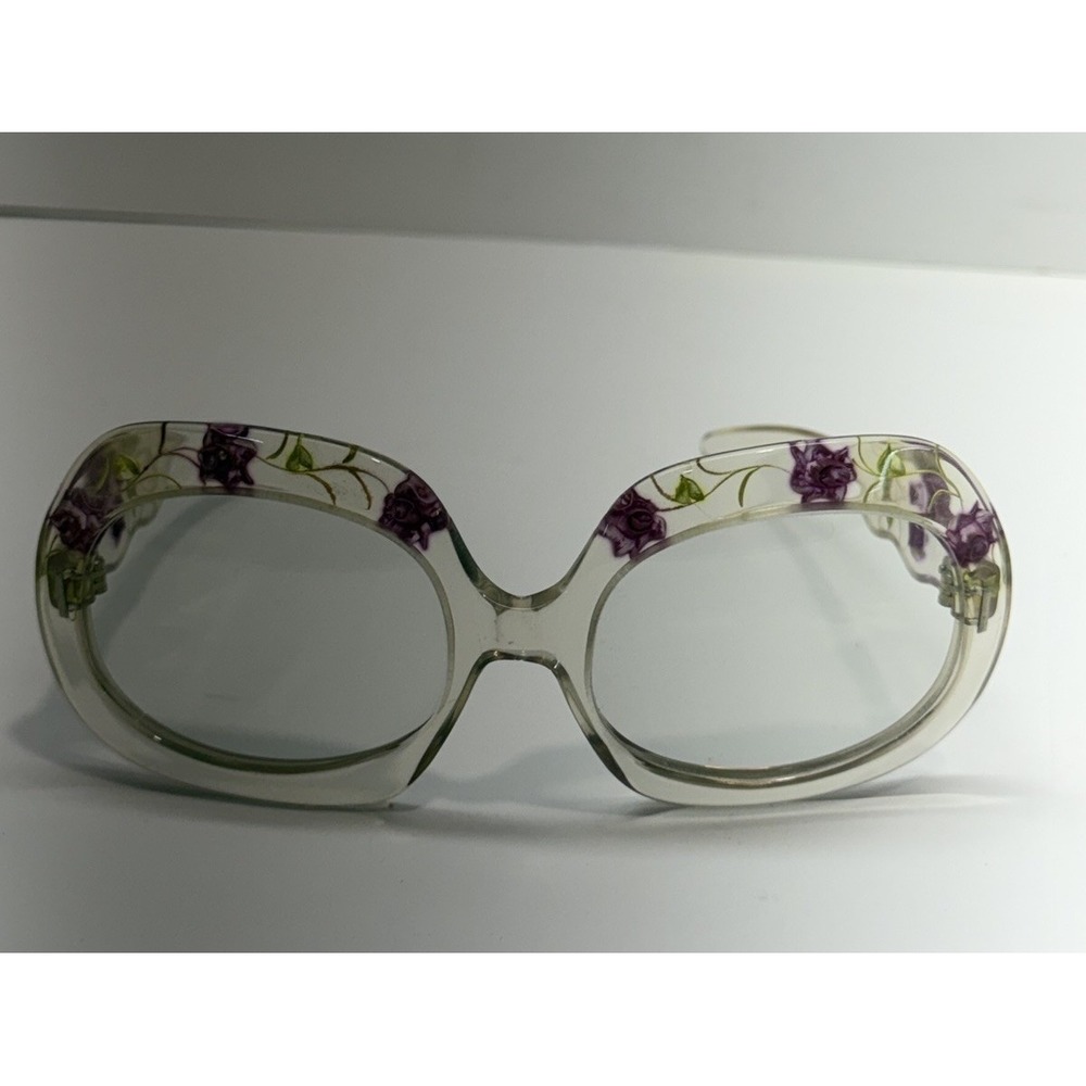Renauld 1970's Womens Sunglasses Lucite Purple Flowers Light Gray  France VTG